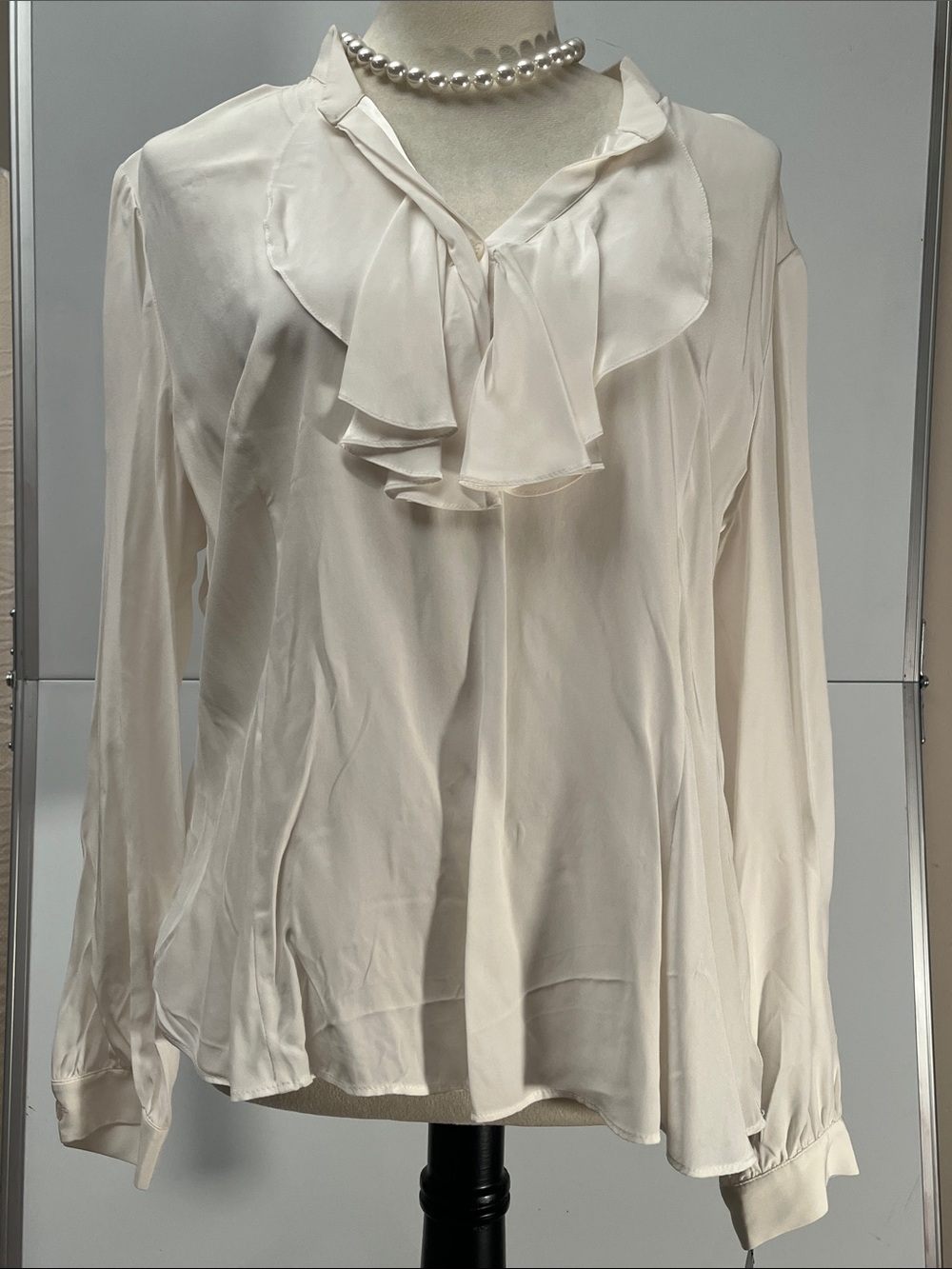 Lafayette 148 New York Cream Ruffle-Neck Long Sleeve Silk Blouse